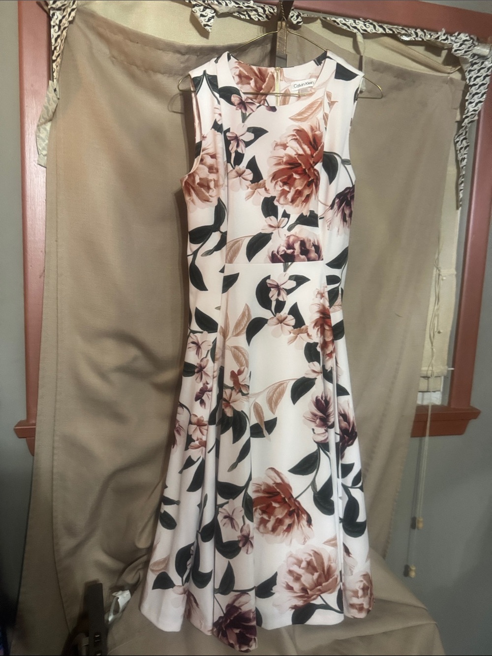 Calvin Klein Cream Floral A-Line Dress with Pink and Black BloomsS-30-2
